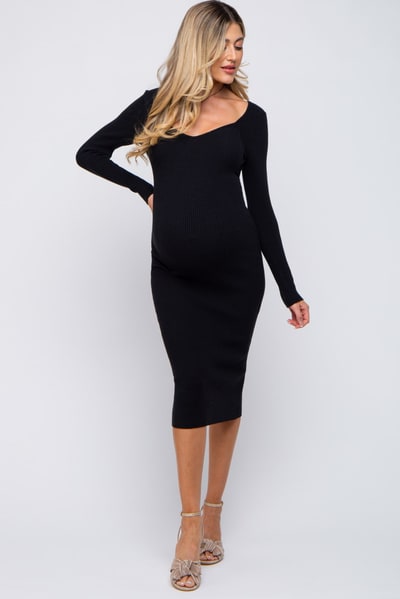 PinkBlush Black Ribbed Long Sleeve Maternity Midi Dress
