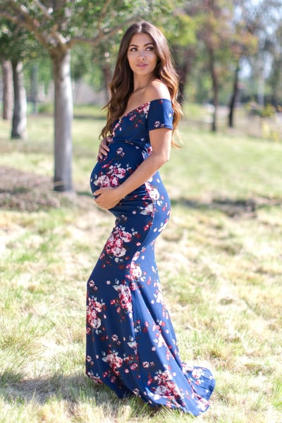 PinkBlush Navy Floral Off Shoulder Wrap Maternity Photoshoot Gown/Dress