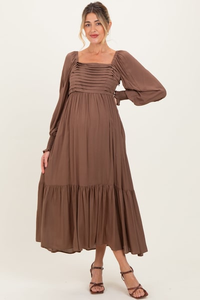 PinkBlush Mocha Pleated Bodice Long Sleeve Maternity Maxi Dress
