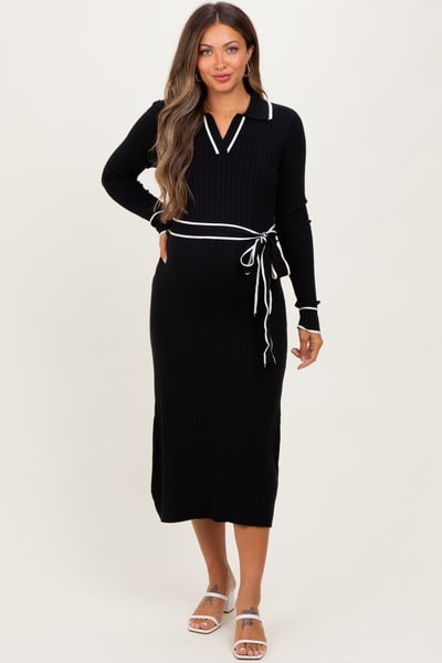 PinkBlush Black Soft Stretchy Rib Fitted Maternity Sweater Midi Dress
