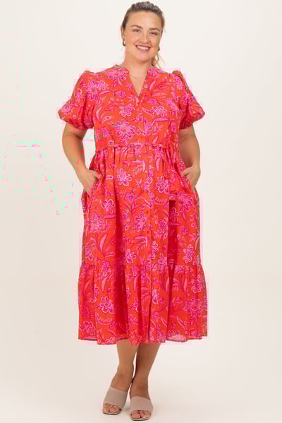 PinkBlush Red Floral Button Down Maternity Plus Midi Shirt Dress