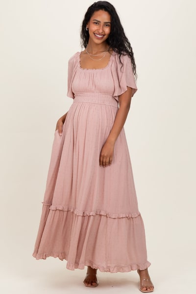 PinkBlush Light Pink Swiss Dot Ruffle Trim Maternity Maxi Dress