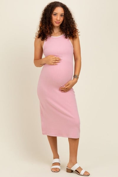 PinkBlush Pink Ribbed Knit Embroidered Maternity Midi Dress