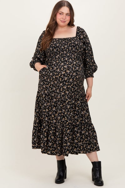 PinkBlush Black Floral Smocked Long Sleeve Maternity Plus Maxi Dress