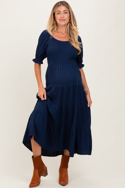 PinkBlush Navy Smocked Tiered Maternity Maxi Dress