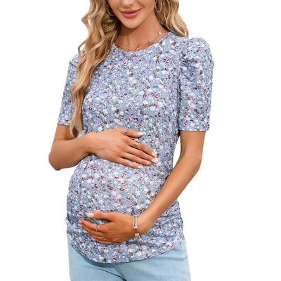 Target Clearlove Maternity Casual Shirts Women's Puff Short Sleeve T-Shirt Pregnancy Striped Ruched Side Tunic Top Light Green Floral Medium