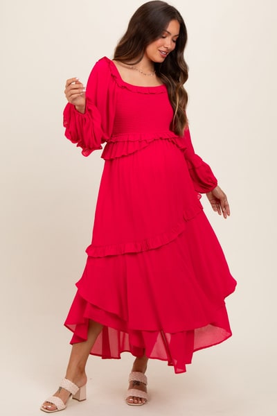 PinkBlush Fuchsia Smocked Ruffle Long Sleeve Maternity Midi Dress