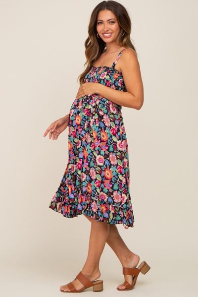 PinkBlush Black Floral Sleeveless Ruffled Maternity Dress