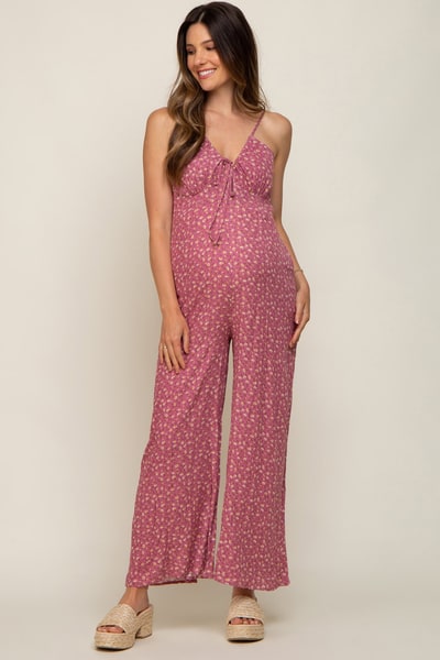 PinkBlush Mauve Floral V-Neck Front Tie Sleeveless Maternity Jumpsuit