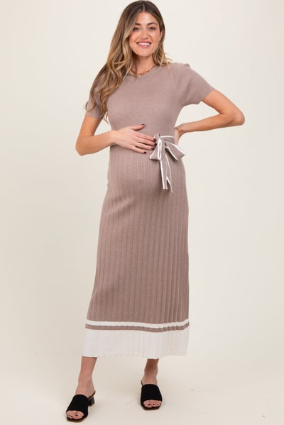 PinkBlush Mocha Ribbed Knit Pleated Maternity Midi Dress