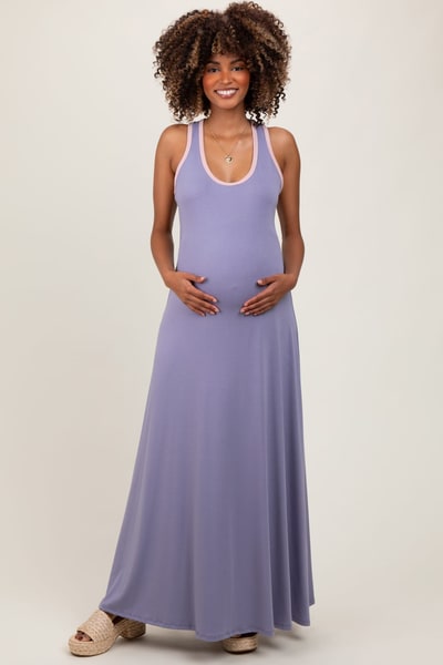PinkBlush Lavender Solid Open Back Sleeveless Maternity Maxi Dress