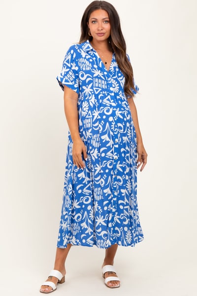 PinkBlush Blue Abstract Floral Shirt Maternity Midi Dress