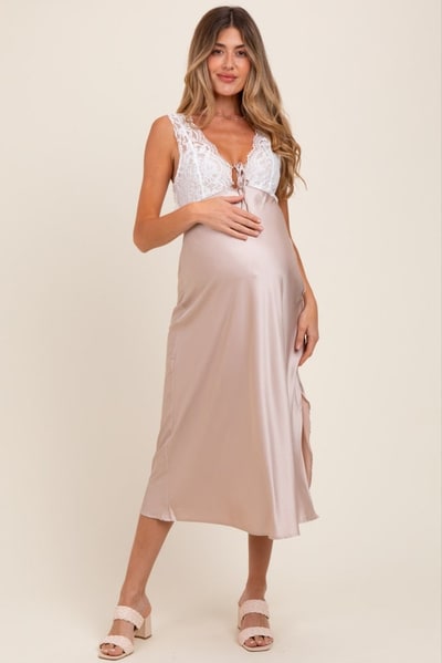 PinkBlush Beige Satin Lace Side Slit Maternity Slip Dress