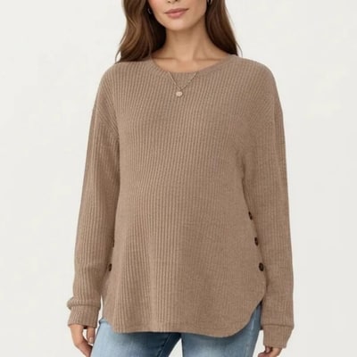 Target Anna-Kaci Women's Maternity Long Sleeve Ribbed Knit Top with Crew Neck Side Button Detail - Small, Khaki