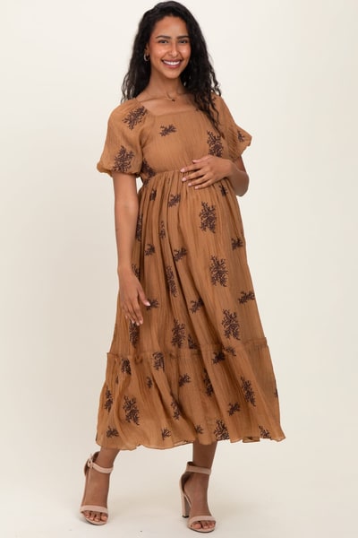 PinkBlush Taupe Floral Embroidered Puff Sleeve Maternity Midi Dress
