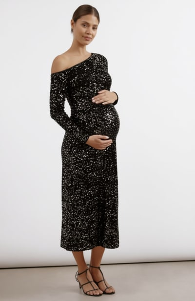 For The Creators Velvet Sequin Asymmetric Off Shoulder Dress