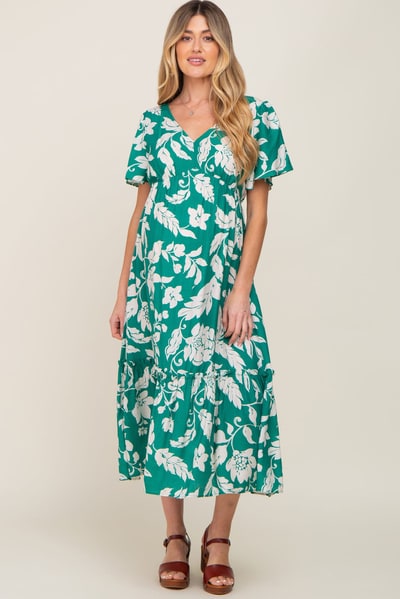 PinkBlush Green Tropical Print Ruffle Maternity Midi Dress