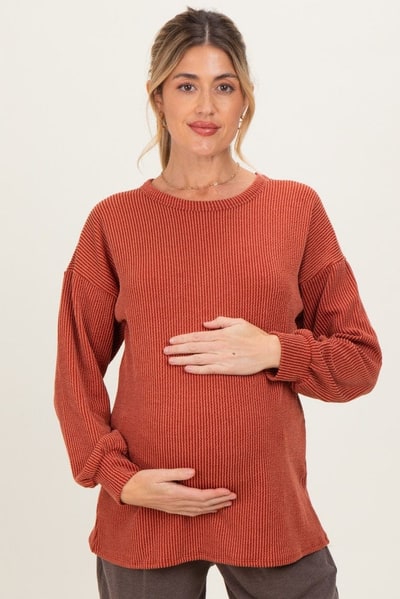 PinkBlush Rust Puff Sleeve Solid Ribbed Maternity Top