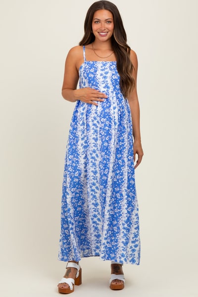 PinkBlush Blue Floral Colorblock Sleeveless Maternity Maxi Dress