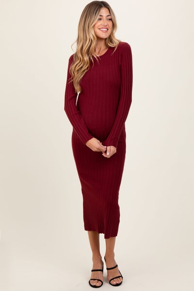 PinkBlush Burgundy Ribbed Knit Fitted Maternity Midi Sweater Dress
