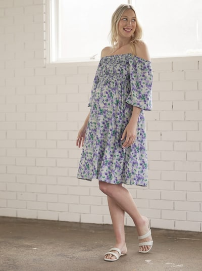 Angel Maternity Avery Baby Shower Maternity Dress- Purple Floral Print