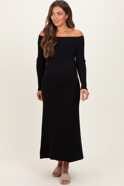 PinkBlush Black Ribbed Knit Off Shoulder Maternity Midi Dress