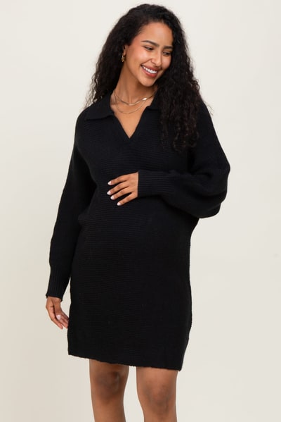 PinkBlush Black Chunky Knit Collared Maternity Sweater Dress