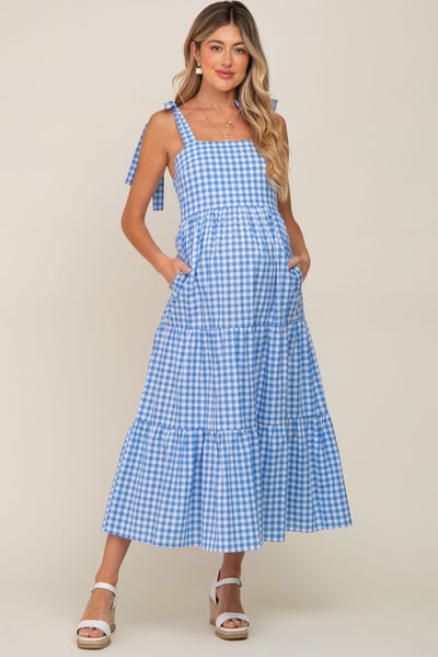 PinkBlush Blue Checkered Sleeveless Tiered Maternity Maxi Dress