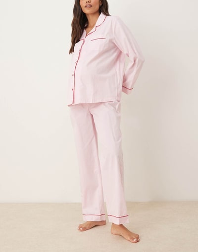 ASOS woven shirt & wide leg pajama set with contrast piping in pink