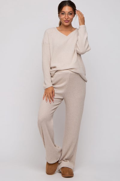 PinkBlush Beige Ribbed Soft Knit Long Sleeve Maternity Pajama Set