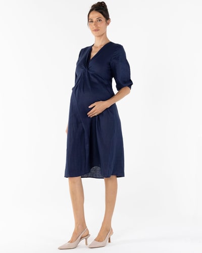 Angel Maternity Elea Navy Work Dress in Linen