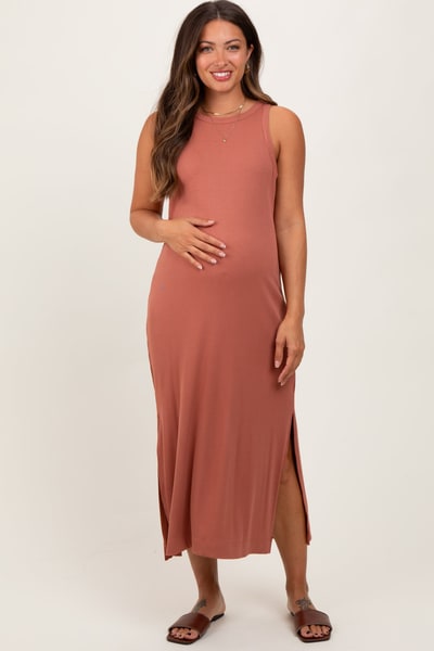 PinkBlush Rust Sleeveless Side Slit Maternity Midi Dress