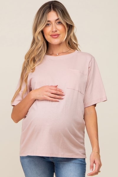 PinkBlush Light Pink Oversized Pocket Front Short Sleeve Maternity Top