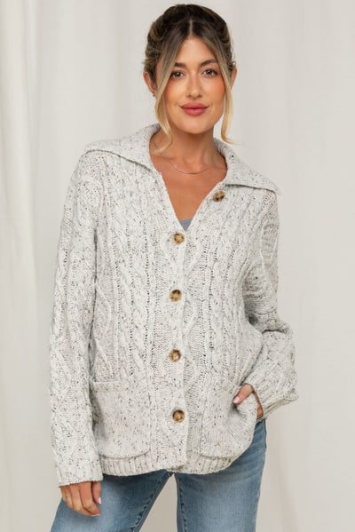 PinkBlush Heather Grey Cable Knit Collared Maternity Button Up Cardigan