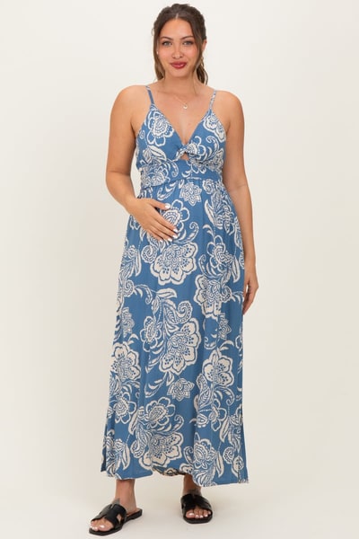 PinkBlush Blue Floral Twist Front Tie Back Maternity Maxi Dress