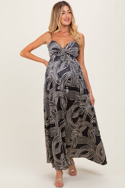 PinkBlush Black Printed Halter Cutout Tie Back Maternity Maxi Dress