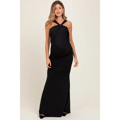 Target Pinkblush Black Twist Front Ruched Maternity Maxi Dress Large
