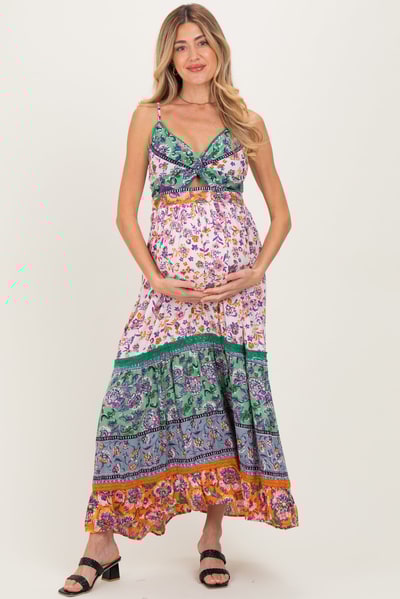 PinkBlush Multicolor Colorblock Floral Twist Front Cutout Maternity Maxi Dress