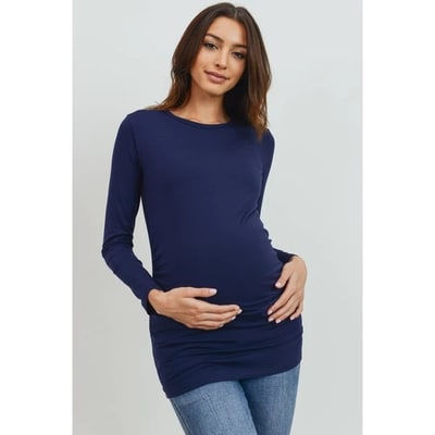 Target Hello Miz Women's Casual Crewneck Long Sleeve Side Ruched Maternity Top - Navy - Medium