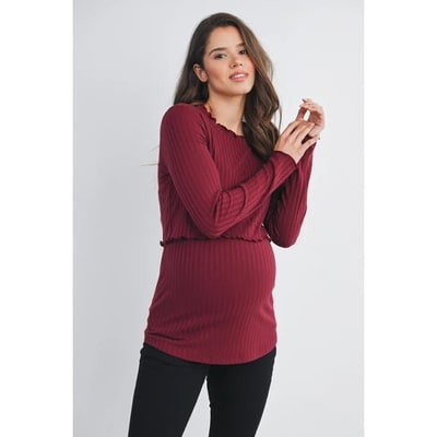 Target Hello Miz Womens Ribbed Long Sleeve Double Layer Maternity Nursing Top - Burgundy - Large