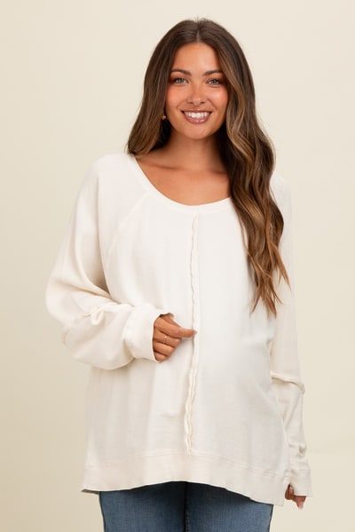 PinkBlush Cream Mixed Knit Raw Hem Maternity Pullover Top
