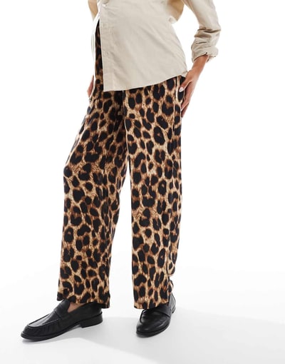 ASOS Mamalicious Maternity wide leg under the bump pants in leopard print