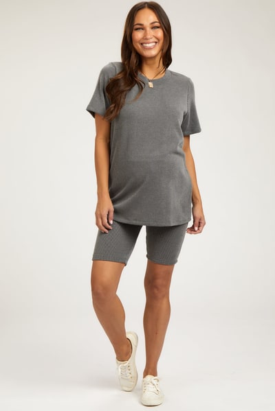 PinkBlush Charcoal Ribbed Biker Shorts Maternity Set