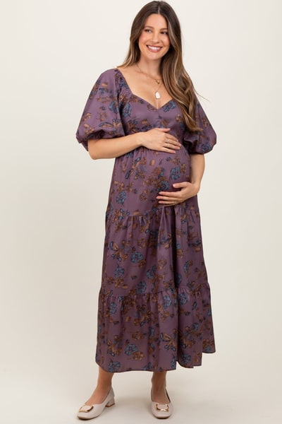 PinkBlush Dark Mauve Floral Bubble Sleeve Tiered Maternity Maxi Dress
