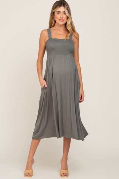 PinkBlush Olive Smocked Ruffle Strap Maternity Midi Dress