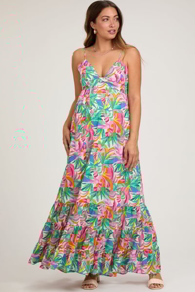 PinkBlush Green Floral Sleeveless Ruffle Hem Maternity Maxi Dress