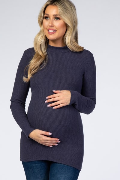 PinkBlush Navy Blue Ribbed Long Sleeve Mock Neck Maternity Top