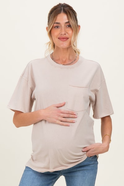 PinkBlush Light Taupe Vintage Wash Raw Edge Pocket Maternity T-Shirt