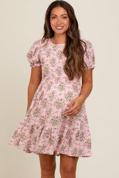 PinkBlush Light Pink Floral Smocked Puff Sleeve Maternity Dress