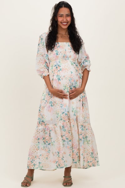 PinkBlush Ivory Floral Smocked 3/4 Sleeve Maternity Maxi Dress